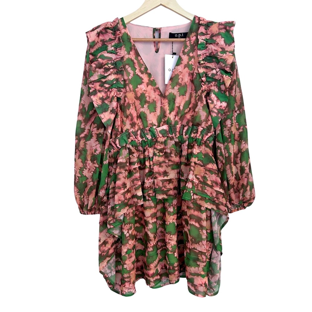O.P.T. Pink Green Floral Ruffle Tiered Mini Dress NWT Size M